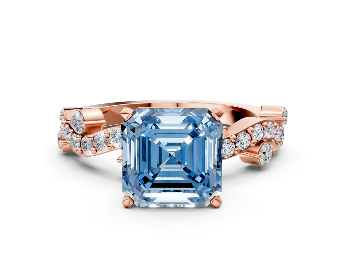 Rose gold Fancy Blue Asscher  Cut Solitaire Diamond Twisted Band with Pave Setting_17