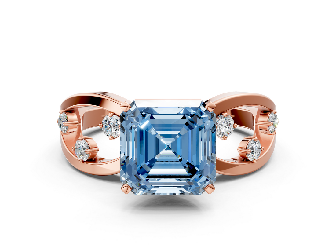 Rose gold Fancy Blue Asscher  Cut Solitaire Diamond with Side Stones on Criss-Cross Band and Four-Prong Setting_17