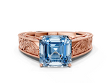 Rose gold Fancy Blue Asscher  Cut Solitaire Engraved Band with Four-Prong Setting