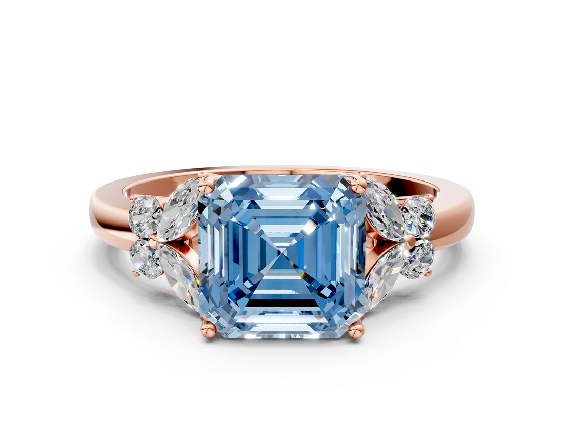 Rose gold Fancy Blue Asscher  Cut Solitaire Floral Diamond Ring with Four-Prong Setting