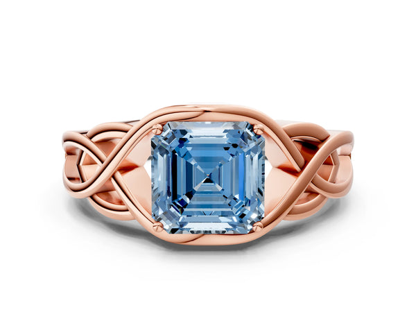 Rose gold Fancy Blue Asscher Cut Solitaire Intertwined Band Prong Setting Ring