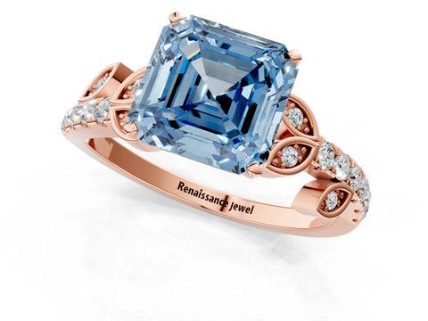 Rose gold Fancy Blue Asscher Cut Solitaire Leaf-Inspired Diamond Ring with Pavé Band and Four-Prong Setting_1