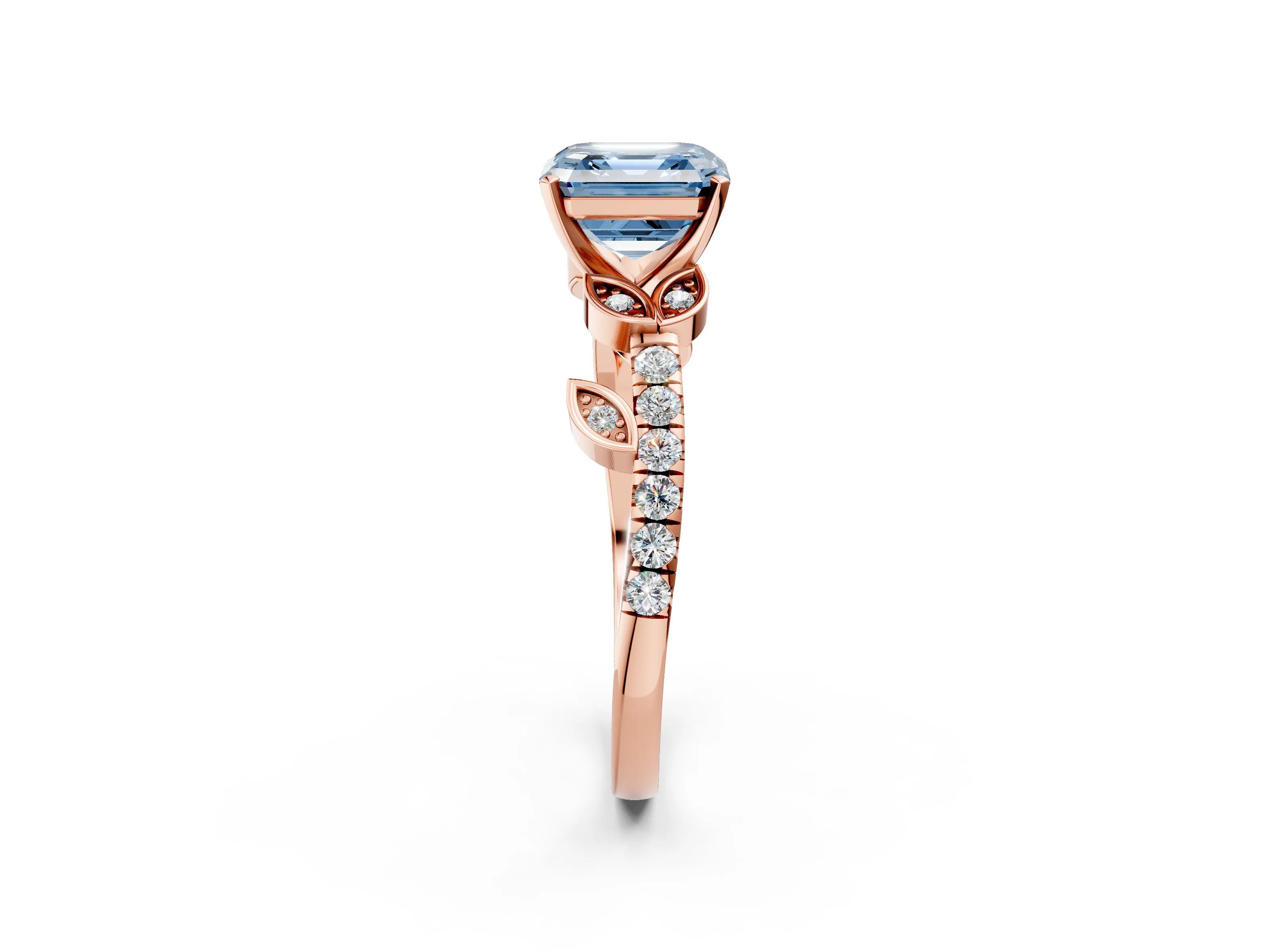 Rose gold Fancy Blue Asscher Cut Solitaire Leaf-Inspired Diamond Ring with Pavé Band and Four-Prong Setting_2