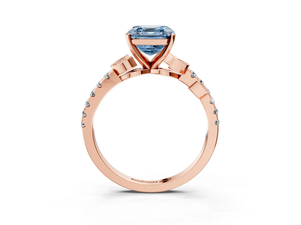 Rose Gold Asscher Cut Leaf Solitaire Engagement Ring Setting for Fancy Blue Center with Pave Band