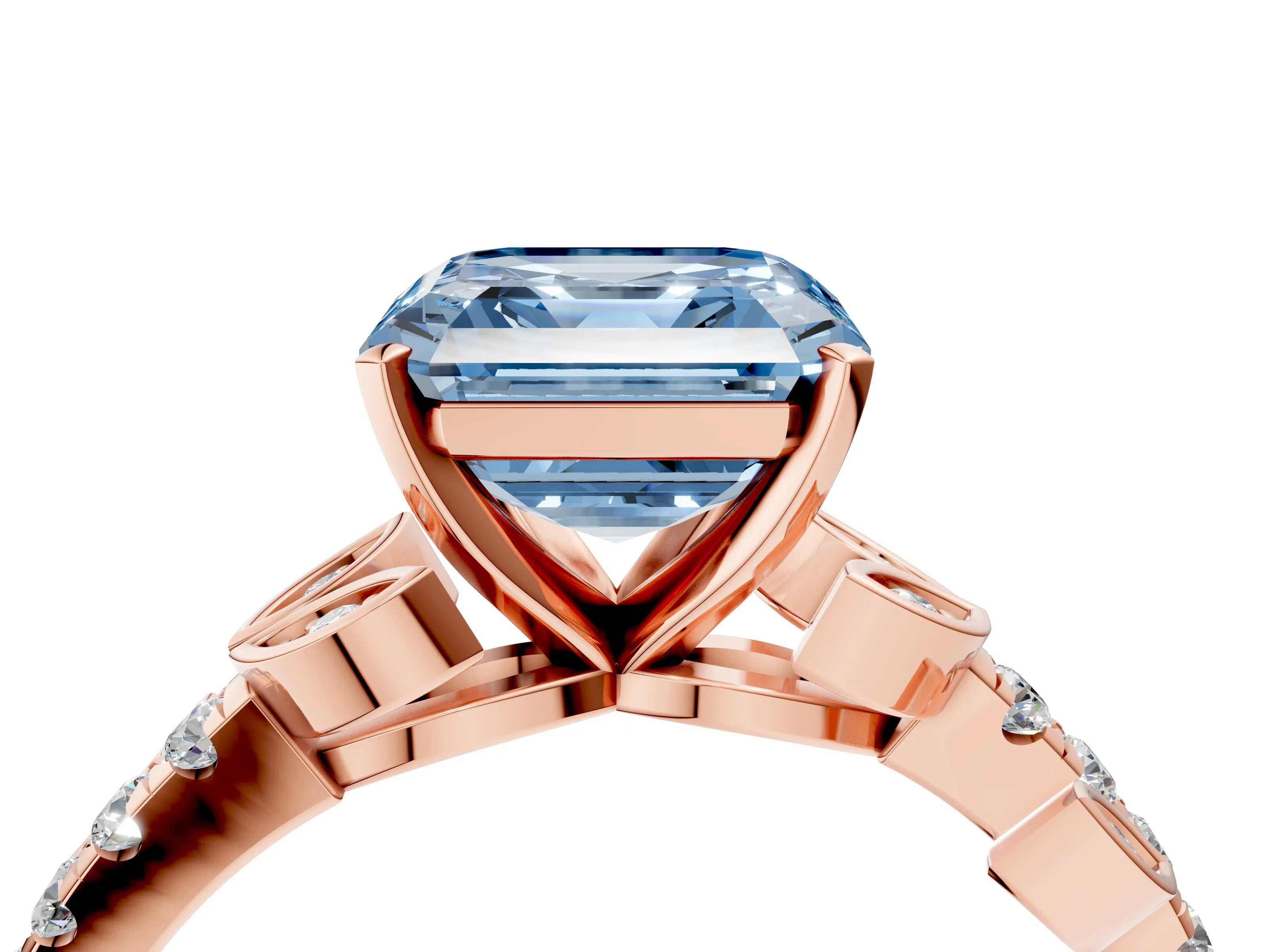 Rose gold Fancy Blue Asscher Cut Solitaire Leaf-Inspired Diamond Ring with Pavé Band and Four-Prong Setting_4