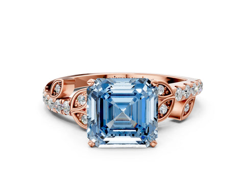 Rose gold Fancy Blue Asscher Cut Solitaire Leaf-Inspired Diamond Ring with Pavé Band and Four-Prong Setting