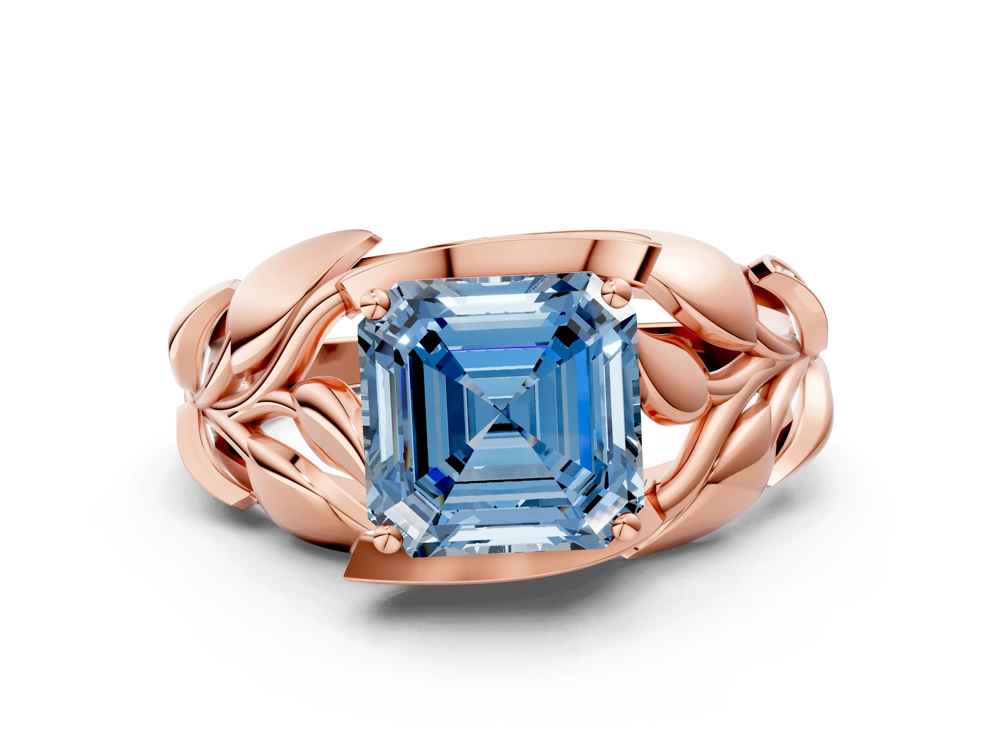 Rose gold Fancy Blue Asscher Cut Solitaire Leaf-Inspired Engagement Ring with Prong Setting