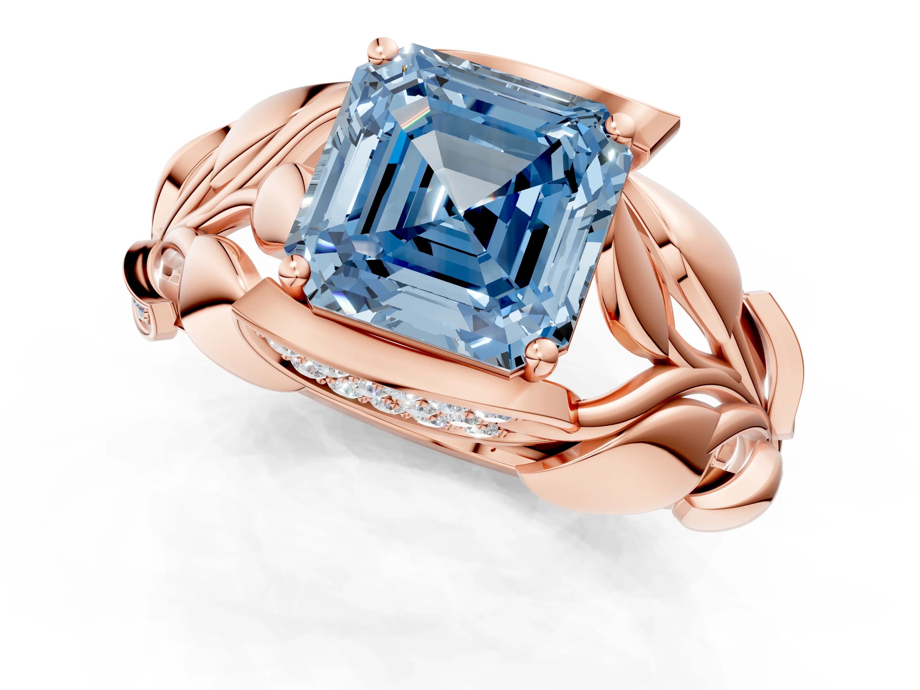 Rose gold Fancy Blue Asscher Cut Solitaire Leaf-Inspired Engagement Ring with Prong Setting_1