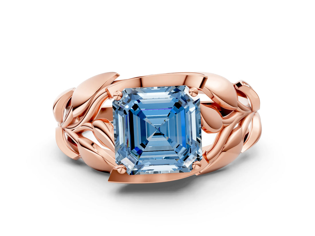 Rose gold Fancy Blue Asscher Cut Solitaire Leaf-Inspired Engagement Ring with Prong Setting_12