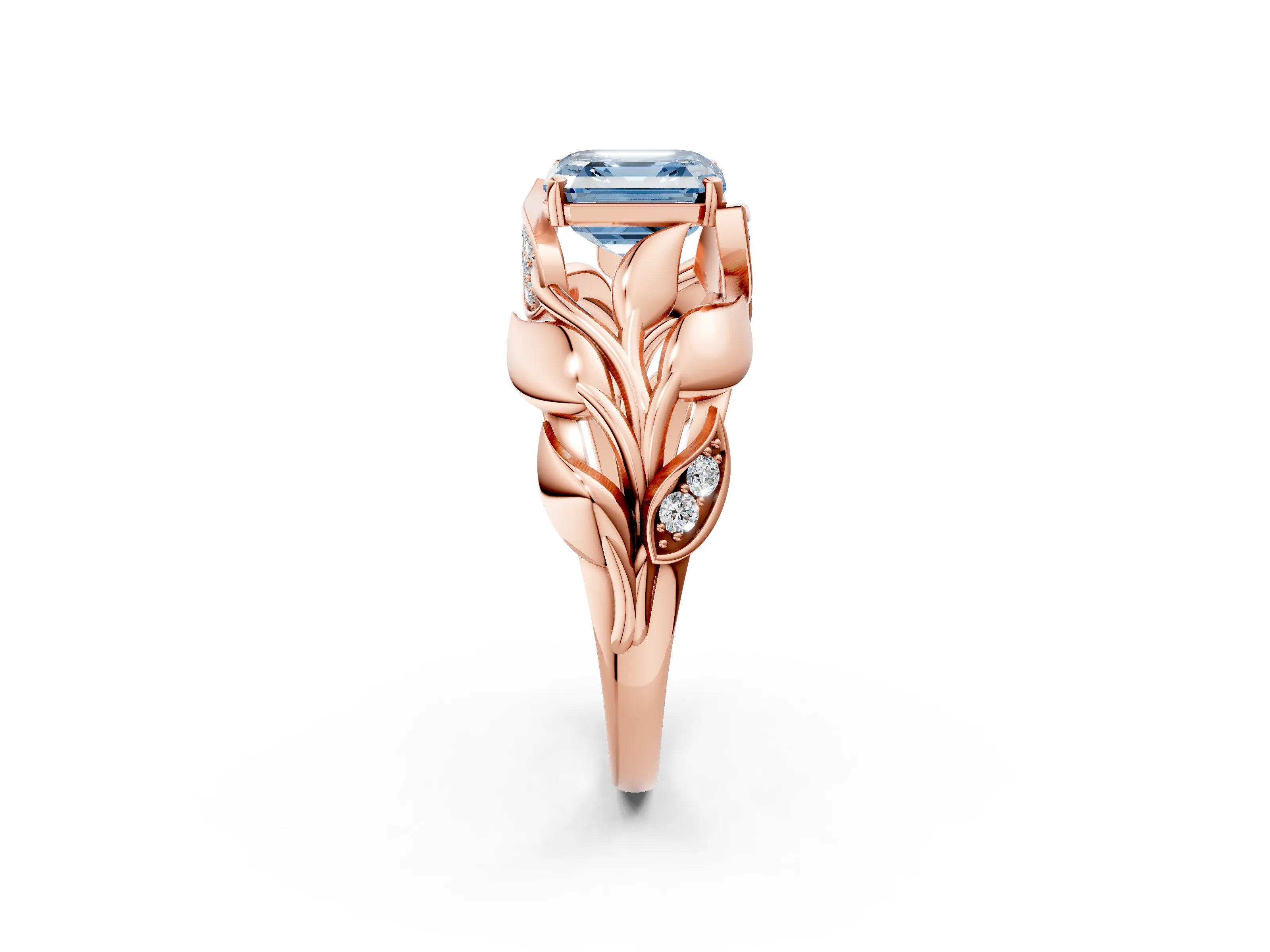 Rose gold Fancy Blue Asscher Cut Solitaire Leaf-Inspired Engagement Ring with Prong Setting_2
