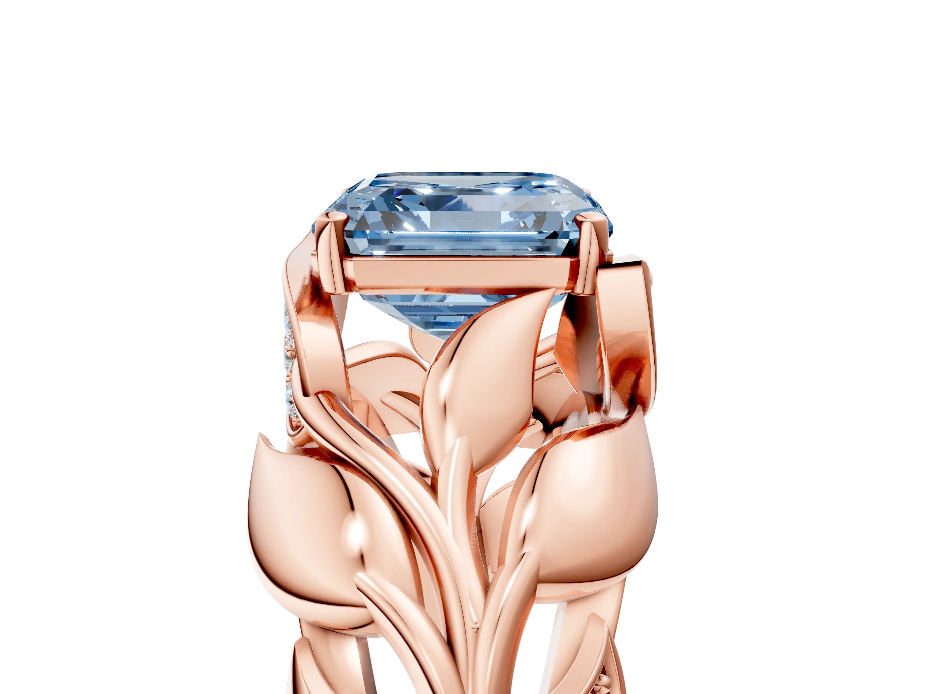 Rose gold Fancy Blue Asscher Cut Solitaire Leaf-Inspired Engagement Ring with Prong Setting_5