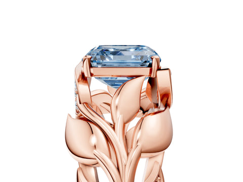 Rose gold Fancy Blue Asscher Cut Solitaire Leaf-Inspired Engagement Ring with Prong Setting_5
