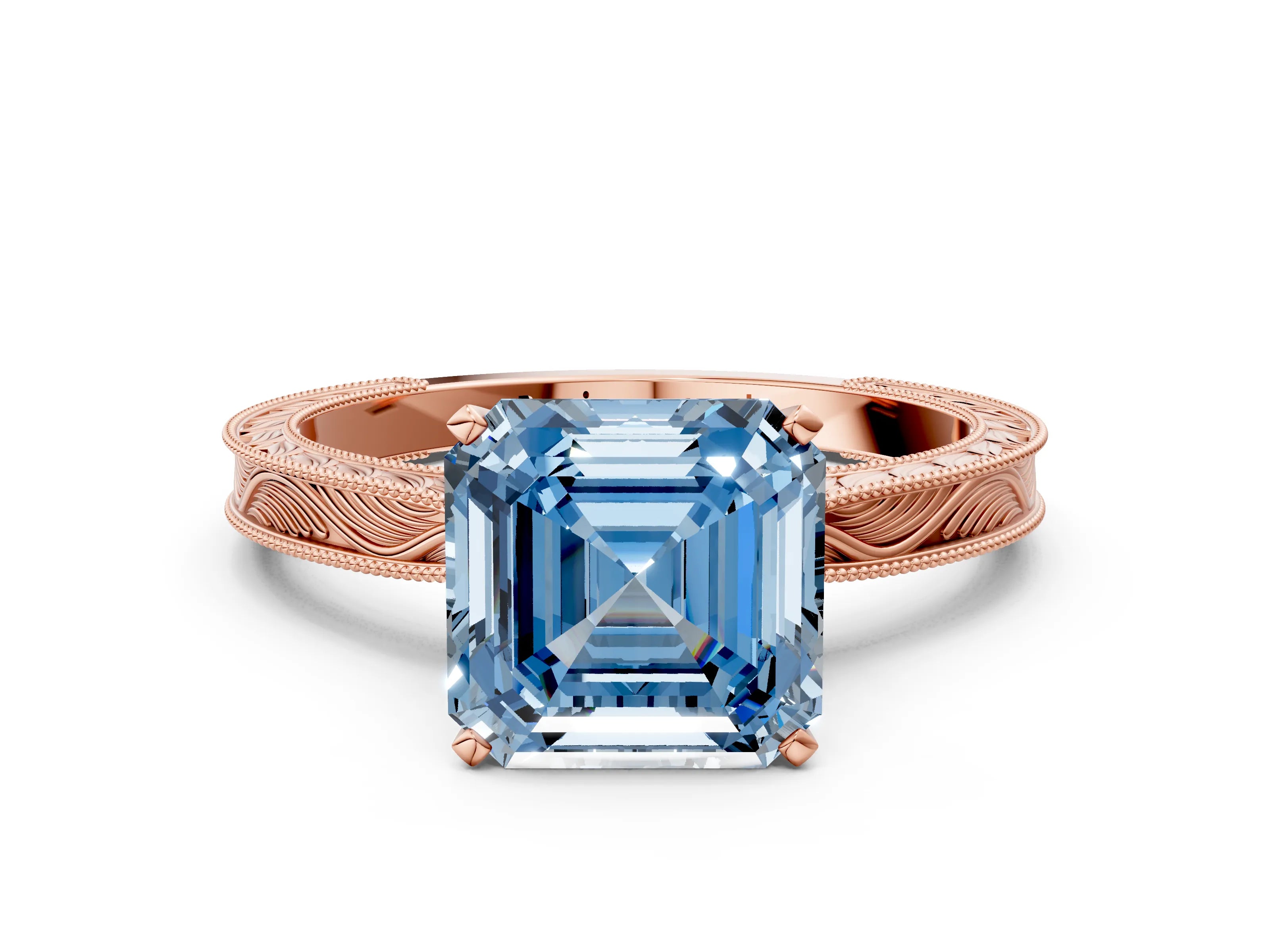 Rose gold Fancy Blue Asscher Cut Solitaire Milgrain Engraved Band with Four-Prong Setting