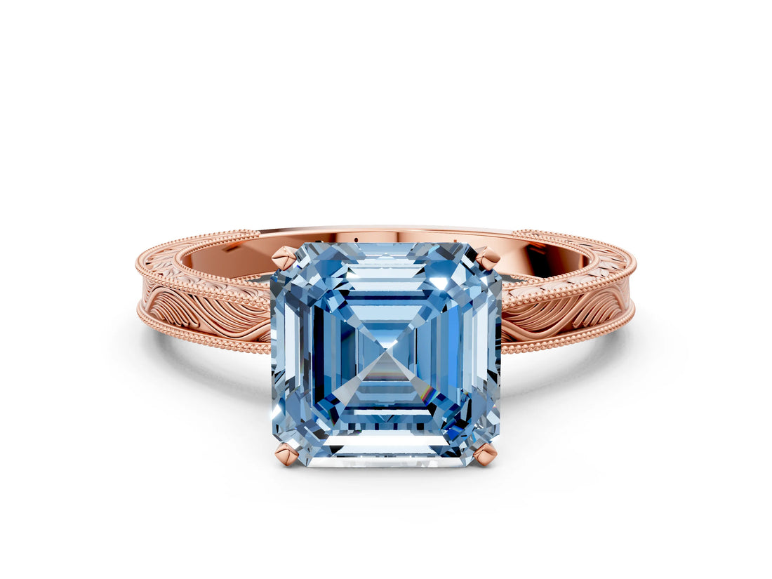 Rose gold Fancy Blue Asscher Cut Solitaire Milgrain Engraved Band with Four-Prong Setting