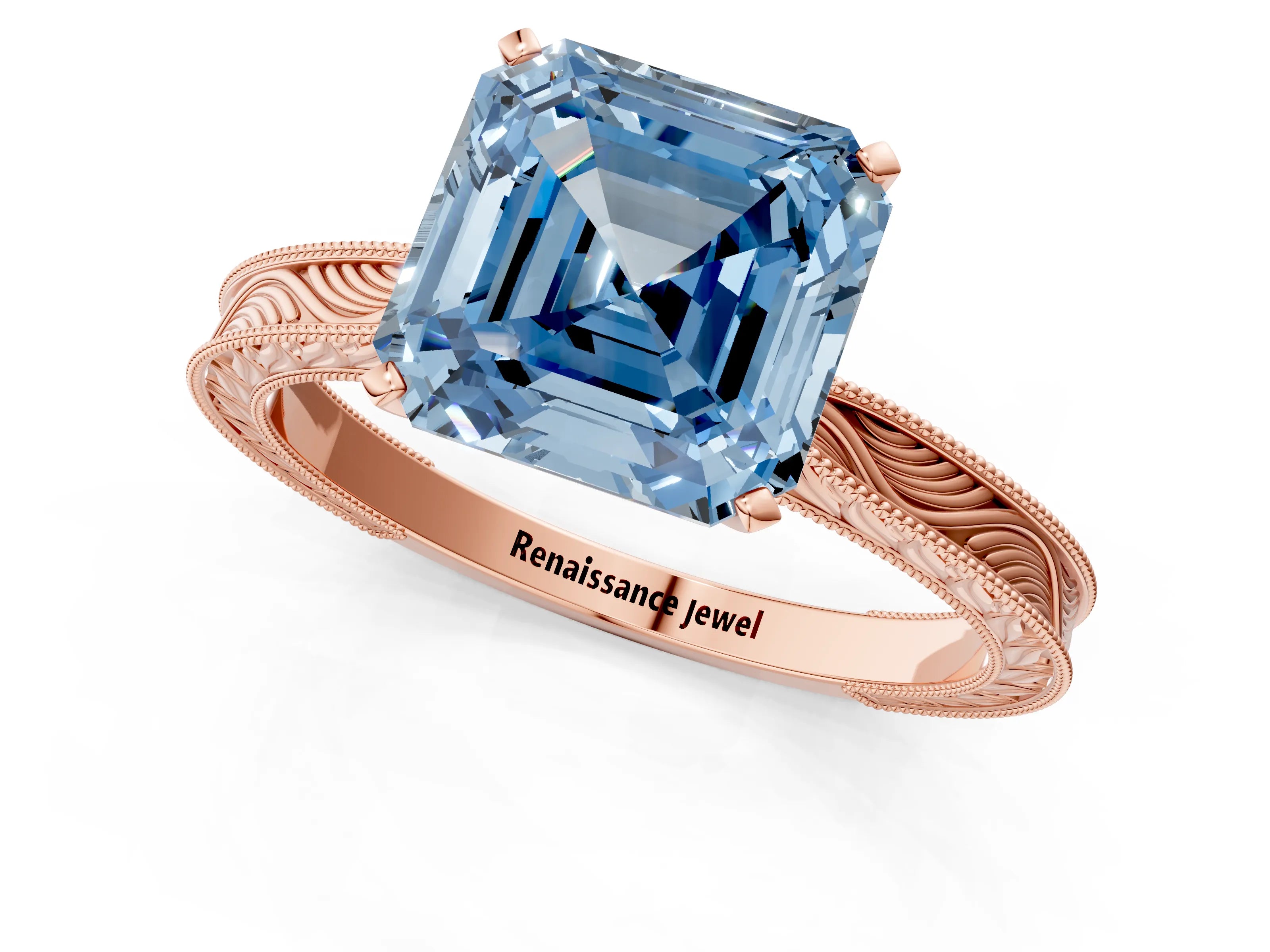 Rose gold Fancy Blue Asscher Cut Solitaire Milgrain Engraved Band with Four-Prong Setting_1