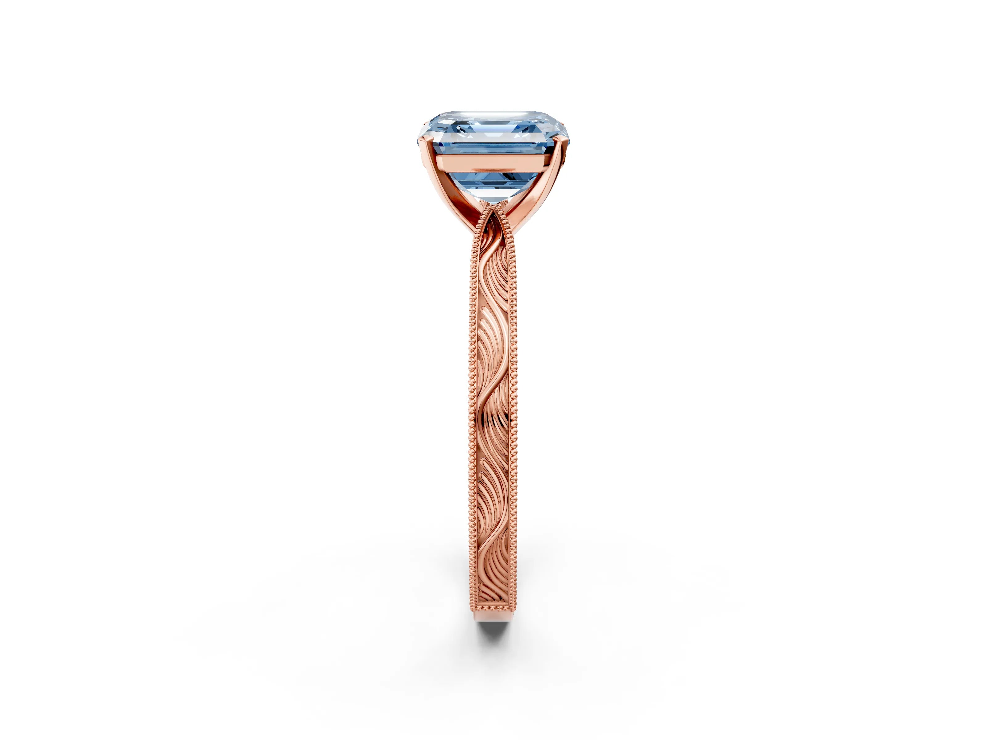 Rose gold Fancy Blue Asscher Cut Solitaire Milgrain Engraved Band with Four-Prong Setting_2