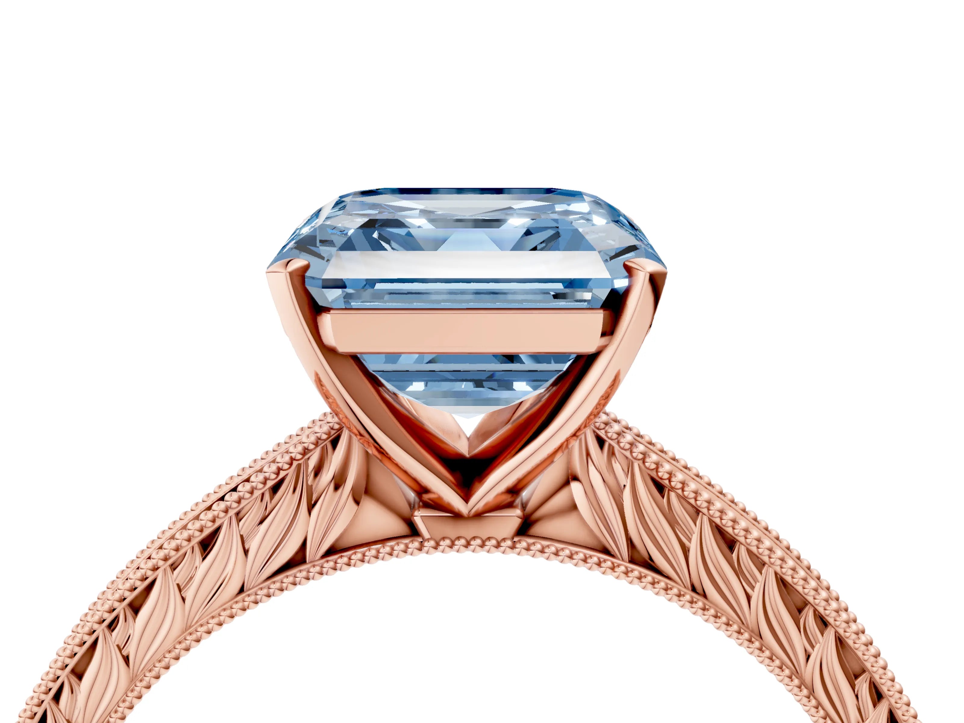 Rose gold Fancy Blue Asscher Cut Solitaire Milgrain Engraved Band with Four-Prong Setting_4