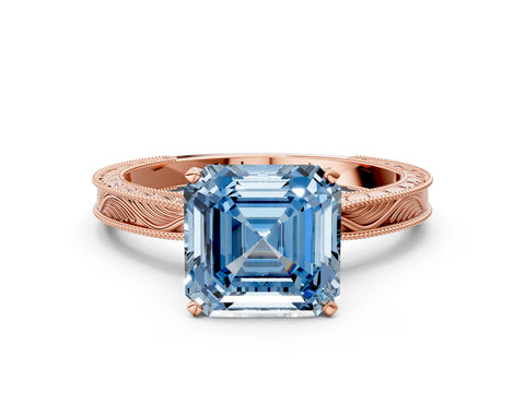 Rose gold Fancy Blue Asscher Cut Solitaire Milgrain Engraved Band with Four-Prong Setting