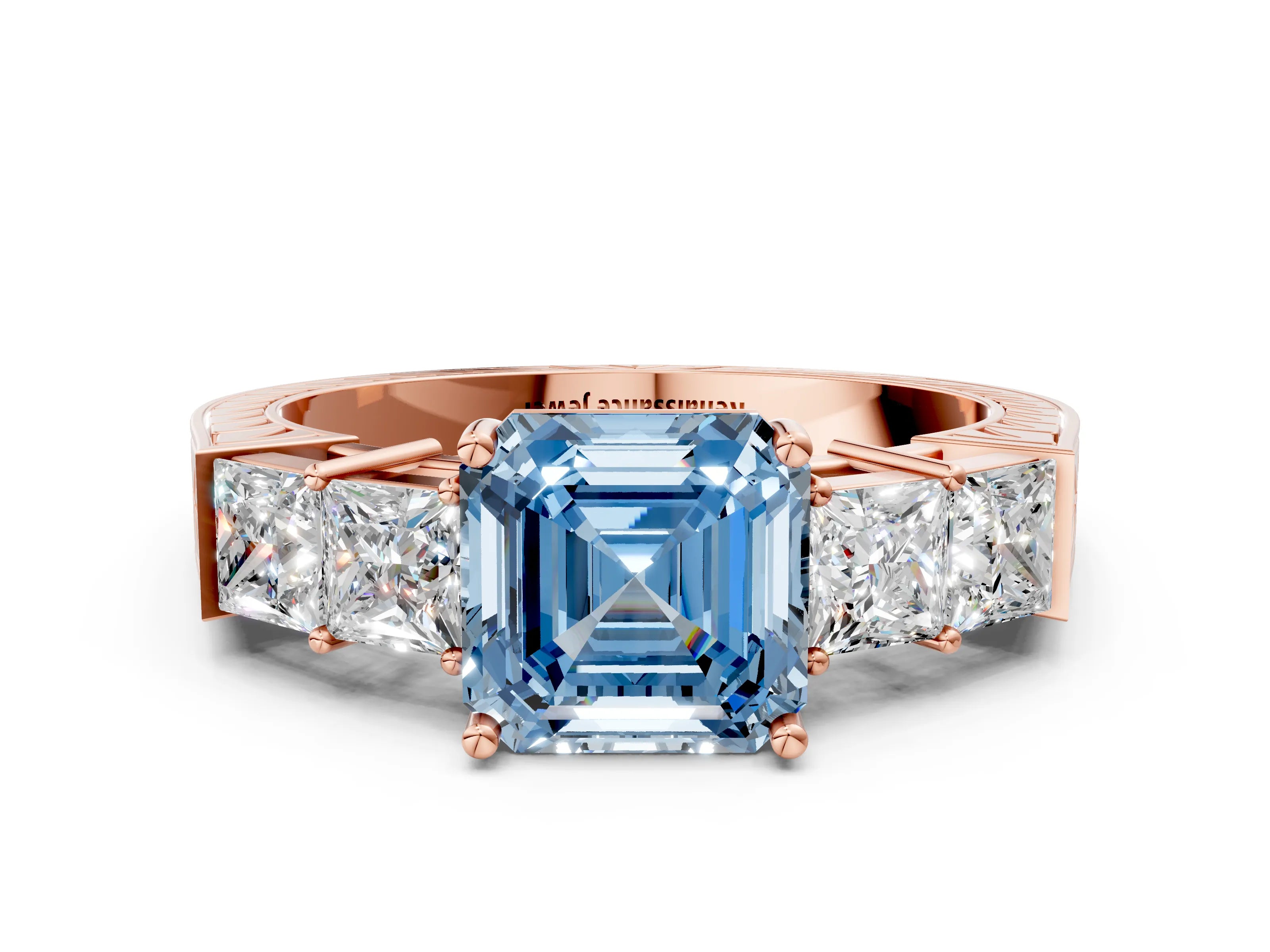 Rose gold Fancy Blue Asscher Cut Solitaire Princess Side Stone Engraved Band Prong Setting Ring