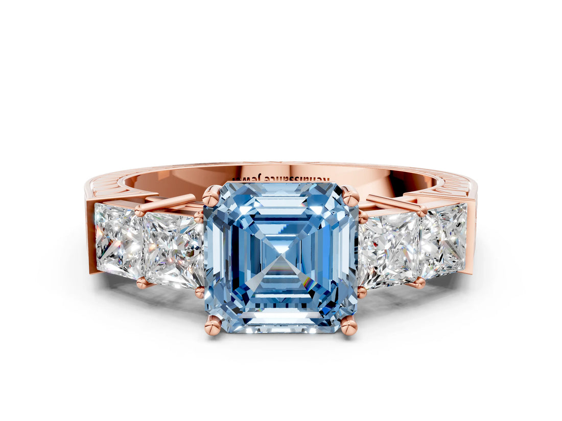 Rose gold Fancy Blue Asscher Cut Solitaire Princess Side Stone Engraved Band Prong Setting Ring