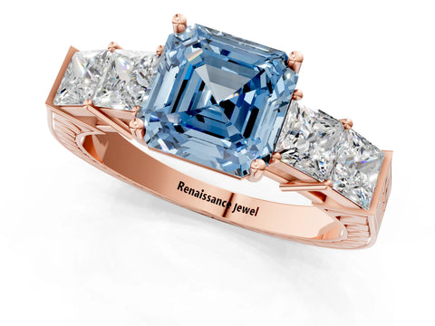 Rose gold Fancy Blue Asscher Cut Solitaire Princess Side Stone Engraved Band Prong Setting Ring_1