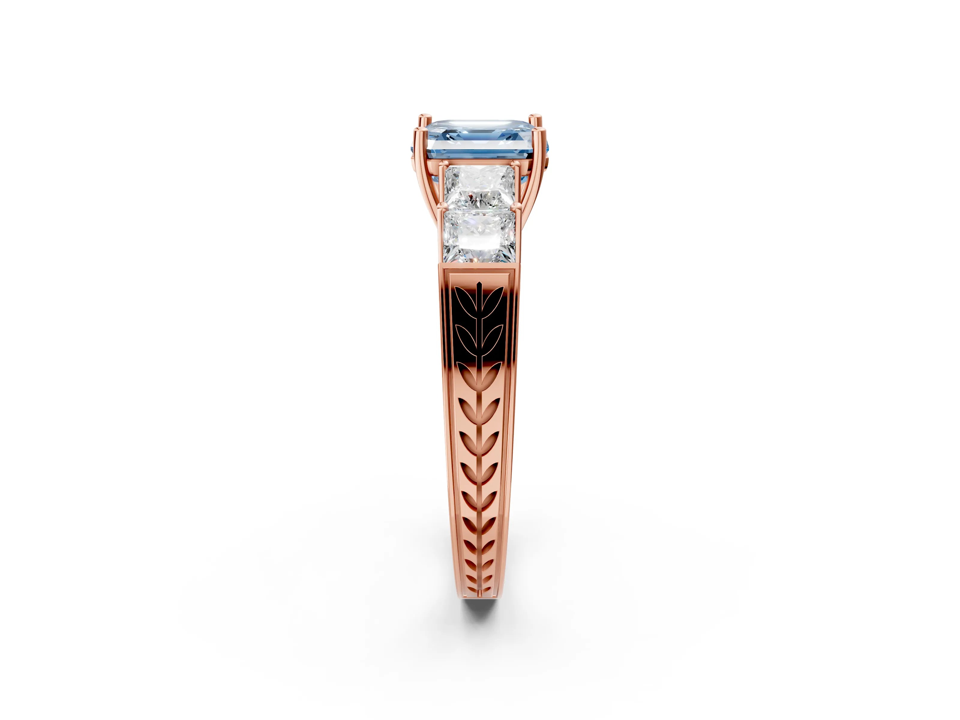 Rose gold Fancy Blue Asscher Cut Solitaire Princess Side Stone Engraved Band Prong Setting Ring_2