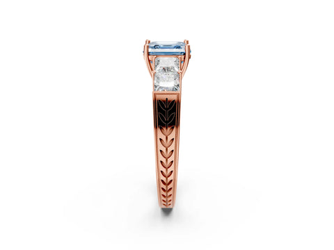Rose gold Fancy Blue Asscher Cut Solitaire Princess Side Stone Engraved Band Prong Setting Ring_2