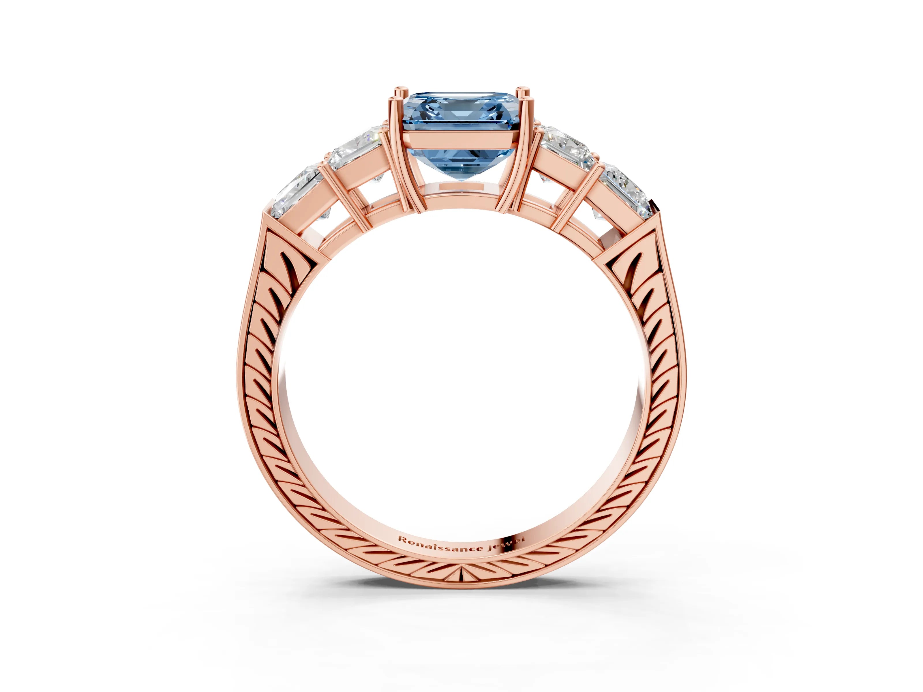 Rose gold Fancy Blue Asscher Cut Solitaire Princess Side Stone Engraved Band Prong Setting Ring_3