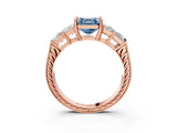 Rose gold Fancy Blue Asscher Cut Solitaire Princess Side Stone Engraved Band Prong Setting Ring_3