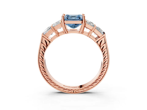Rose gold Fancy Blue Asscher Cut Solitaire Princess Side Stone Engraved Band Prong Setting Ring_3
