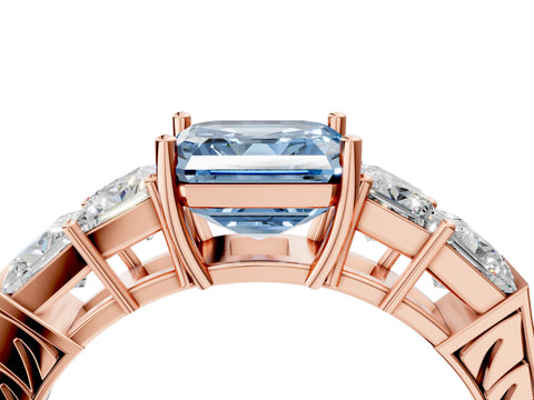 Rose gold Fancy Blue Asscher Cut Solitaire Princess Side Stone Engraved Band Prong Setting Ring_4