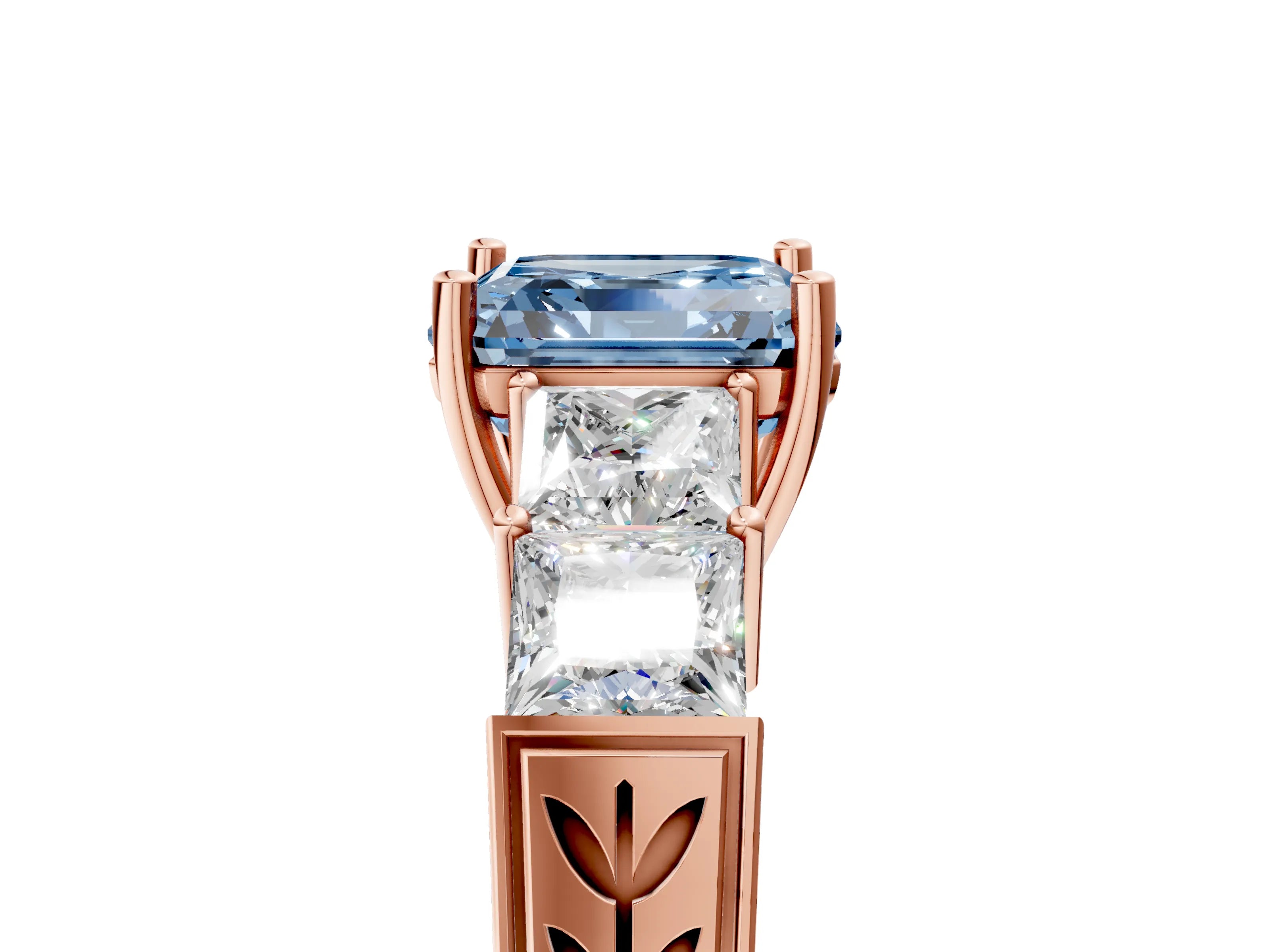 Rose gold Fancy Blue Asscher Cut Solitaire Princess Side Stone Engraved Band Prong Setting Ring_5