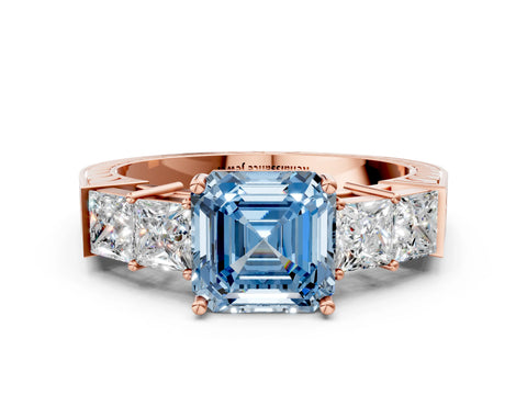 Rose gold Fancy Blue Asscher Cut Solitaire Princess Side Stone Engraved Band Prong Setting Ring