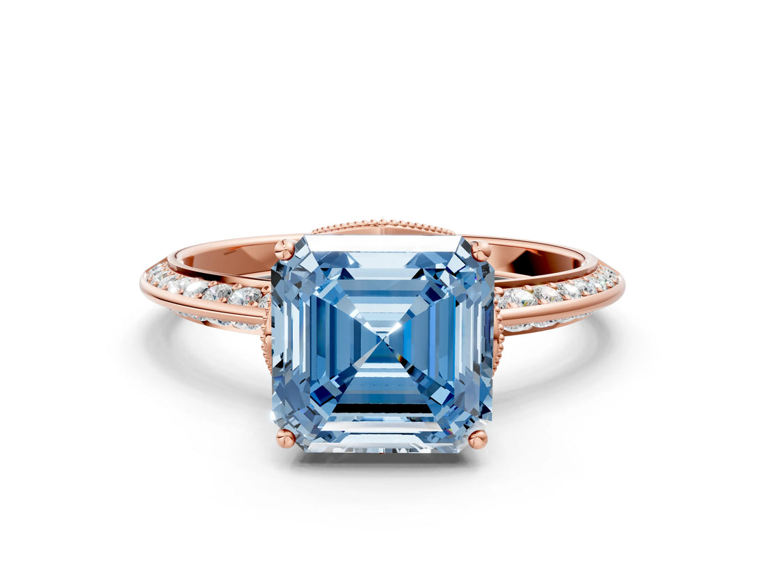 Rose gold Fancy Blue Asscher Cut Solitaire Split Shank Pave Diamond Engagement Ring with Four-Prong Setting