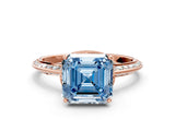 Rose gold Fancy Blue Asscher Cut Solitaire Split Shank Pave Diamond Engagement Ring with Four-Prong Setting