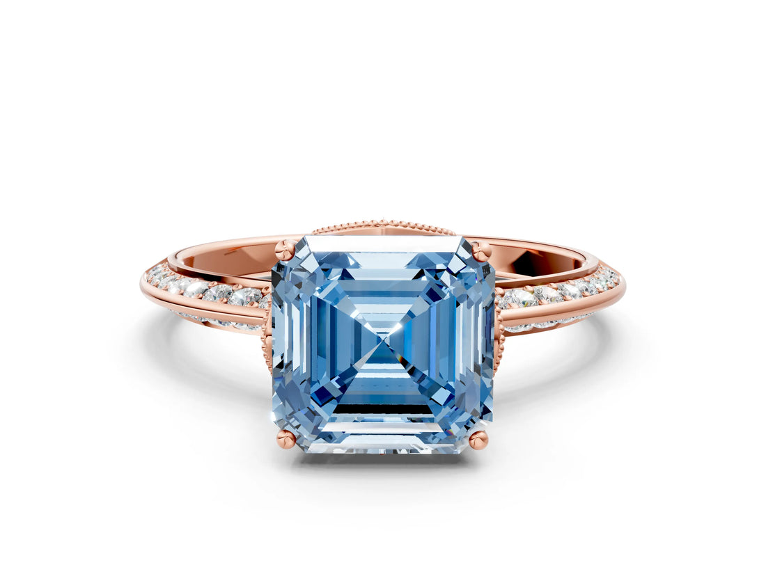 Rose gold Fancy Blue Asscher Cut Solitaire Split Shank Pave Diamond Engagement Ring with Four-Prong Setting_24