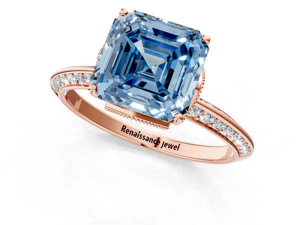 Rose Gold Asscher Cut Graduated Pave Engagement Ring Setting for Fancy Blue Center