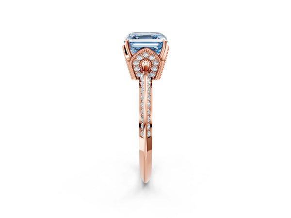 Rose Gold Asscher Cut Graduated Pave Engagement Ring Setting for Fancy Blue Center