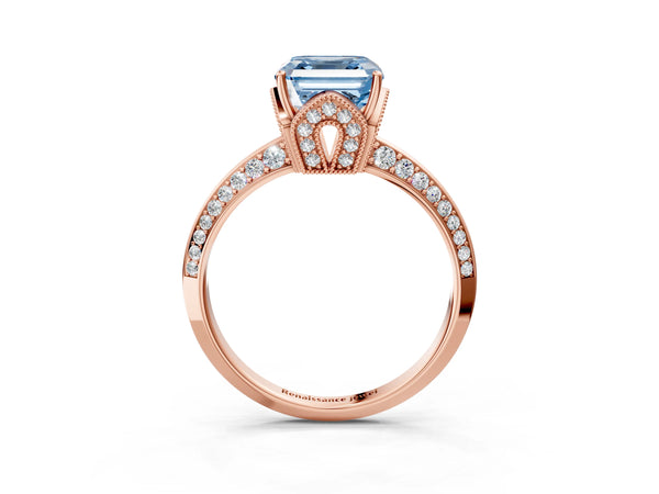 Rose Gold Asscher Cut Graduated Pave Engagement Ring Setting for Fancy Blue Center