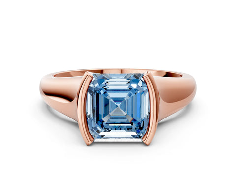Rose gold Fancy Blue Asscher Cut Solitaire Tension Set Diamond Ring with Split Shank Band