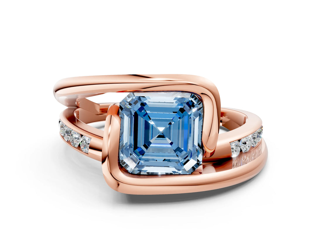 Rose gold Fancy Blue Asscher Cut Solitaire Tension-Set Diamond Split Shank Ring_12