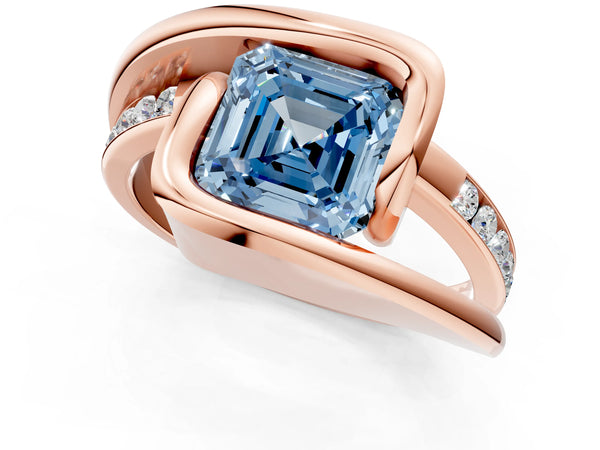 Rose gold Fancy Blue Asscher Cut Solitaire Tension-Set Diamond Split Shank Ring