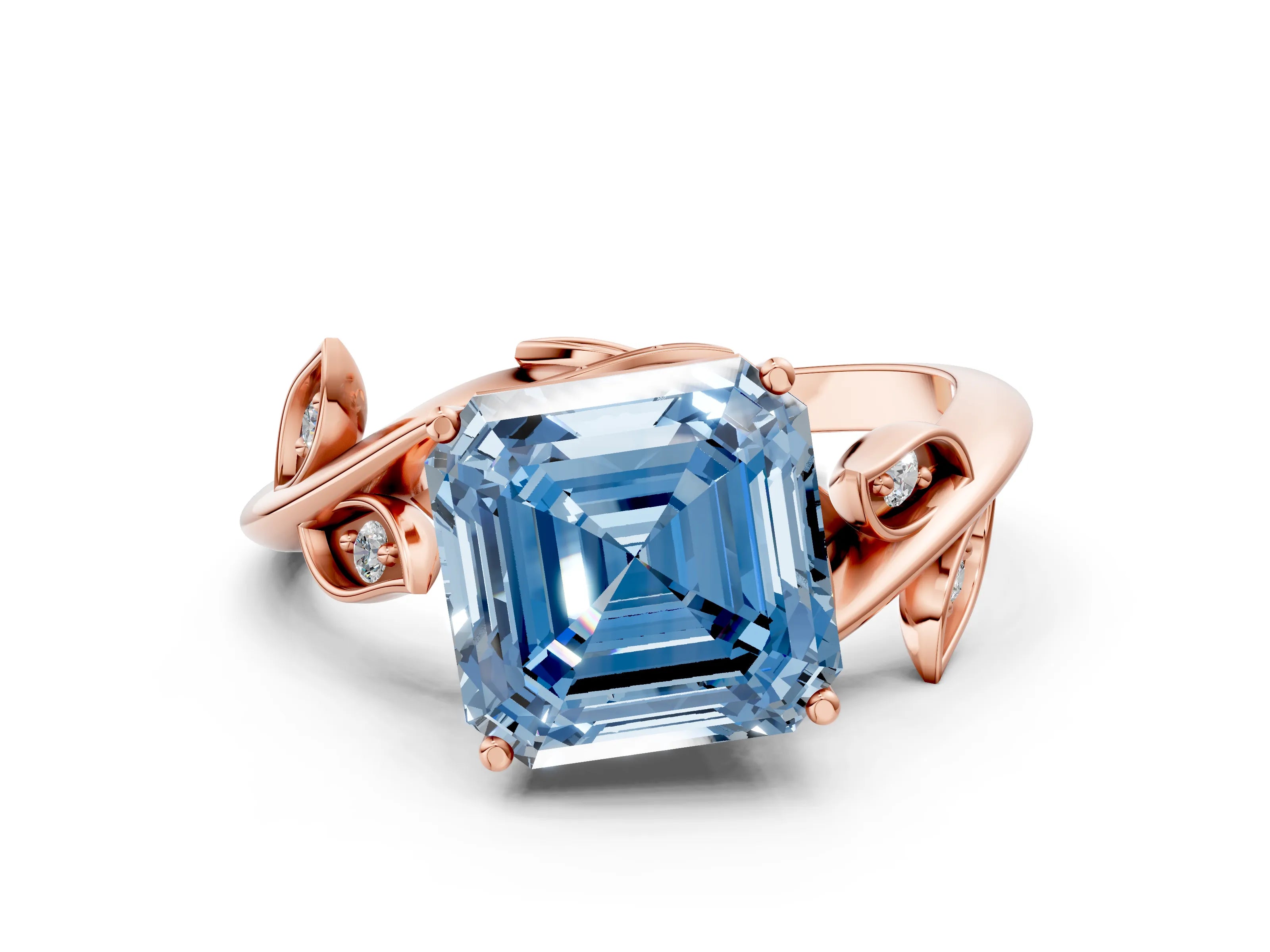 Rose gold Fancy Blue Asscher Cut Solitaire Twist Engagement Ring with Leaf Accents and Prong Setting_12