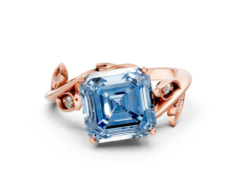 Rose gold Fancy Blue Asscher Cut Solitaire Twist Engagement Ring with Leaf Accents and Prong Setting_12