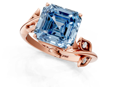 Rose gold Fancy Blue Asscher Cut Solitaire Twist Engagement Ring with Leaf Accents and Prong Setting_13
