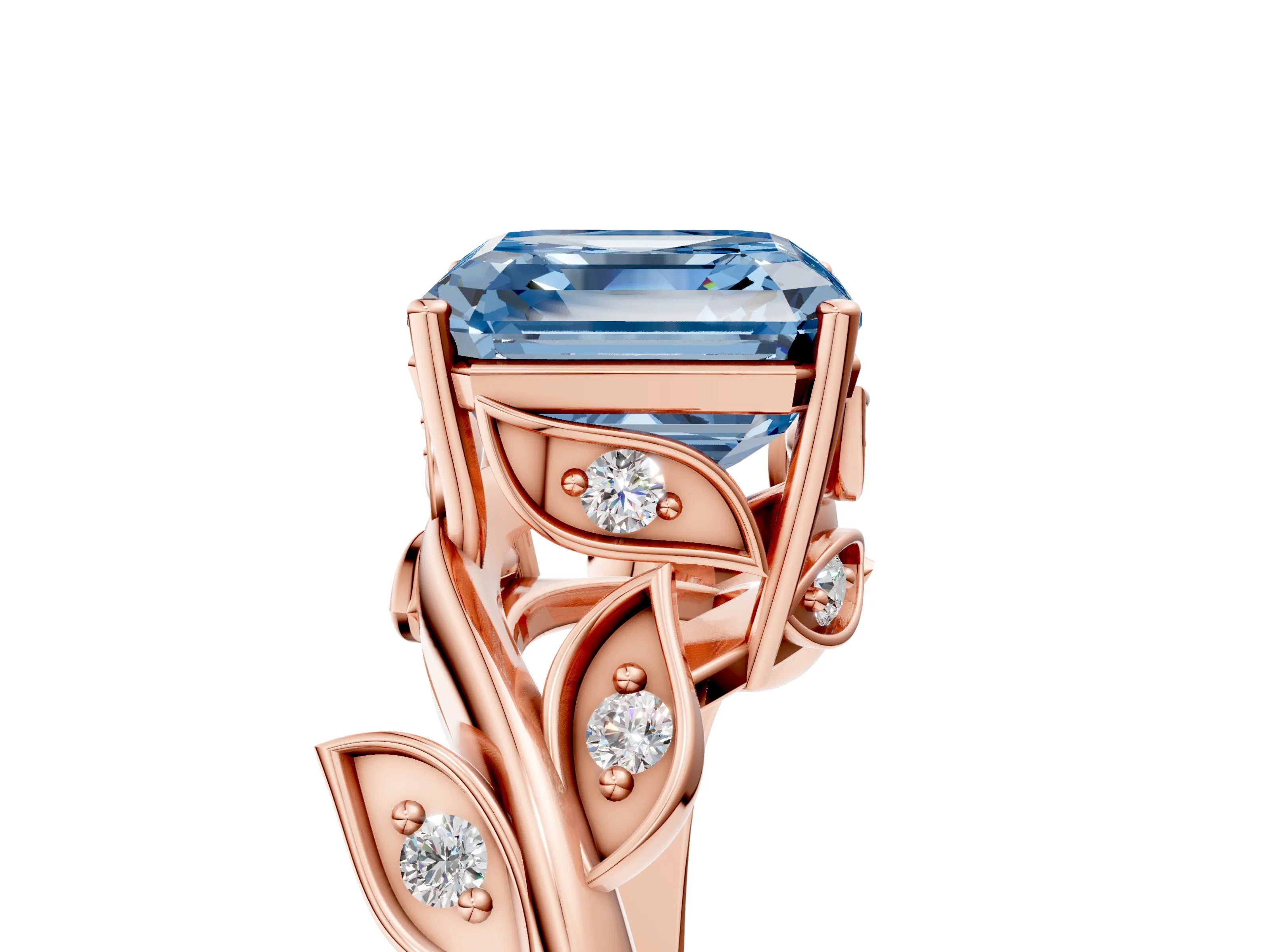 Rose gold Fancy Blue Asscher Cut Solitaire Twist Engagement Ring with Leaf Accents and Prong Setting_17