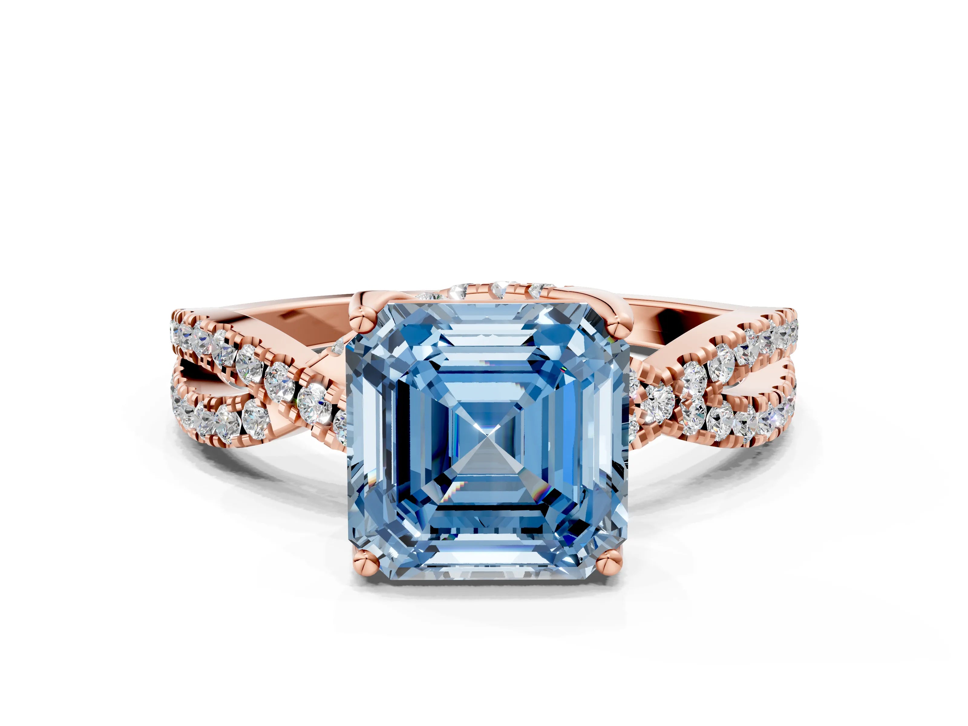 Rose gold Fancy Blue Asscher Cut Solitaire Twist Pave Diamond Engagement Ring with Prong Setting