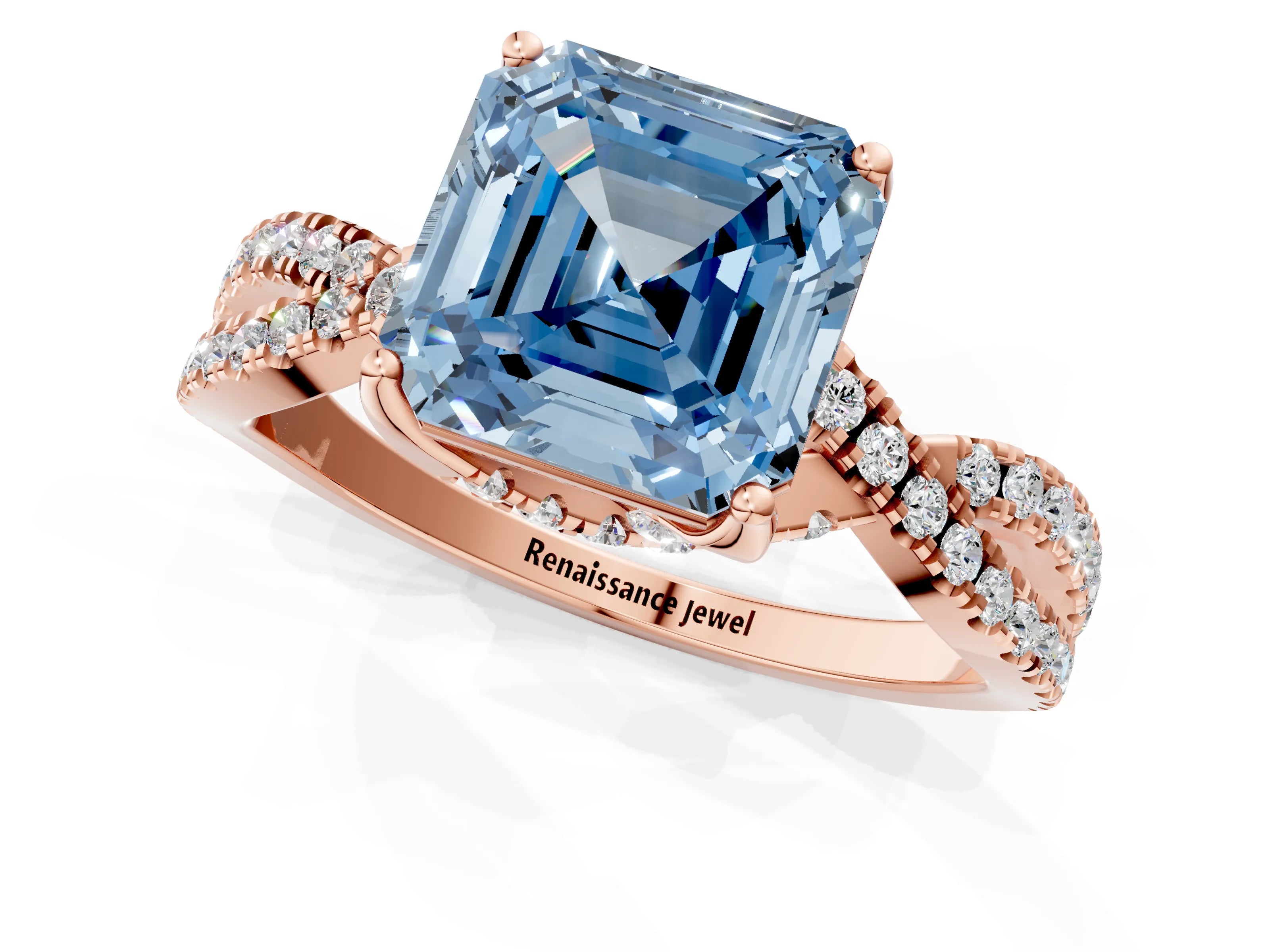 Rose gold Fancy Blue Asscher Cut Solitaire Twist Pave Diamond Engagement Ring with Prong Setting_1
