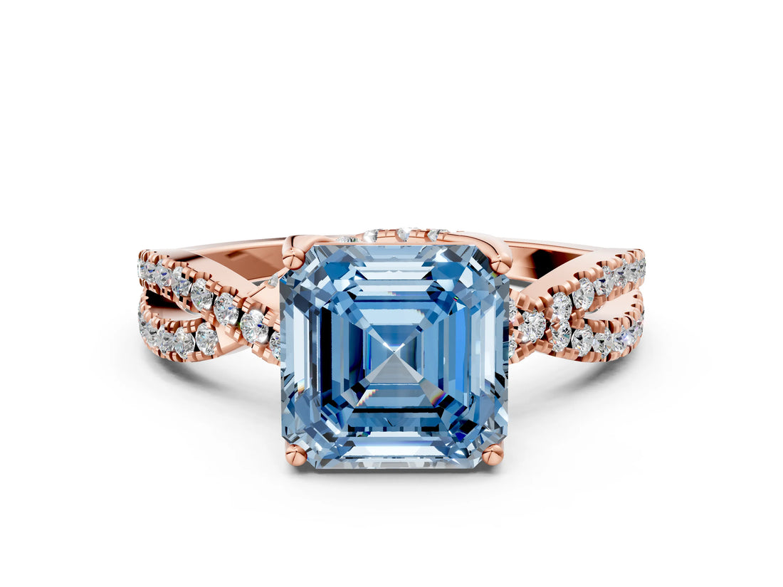 Rose gold Fancy Blue Asscher Cut Solitaire Twist Pave Diamond Engagement Ring with Prong Setting_24