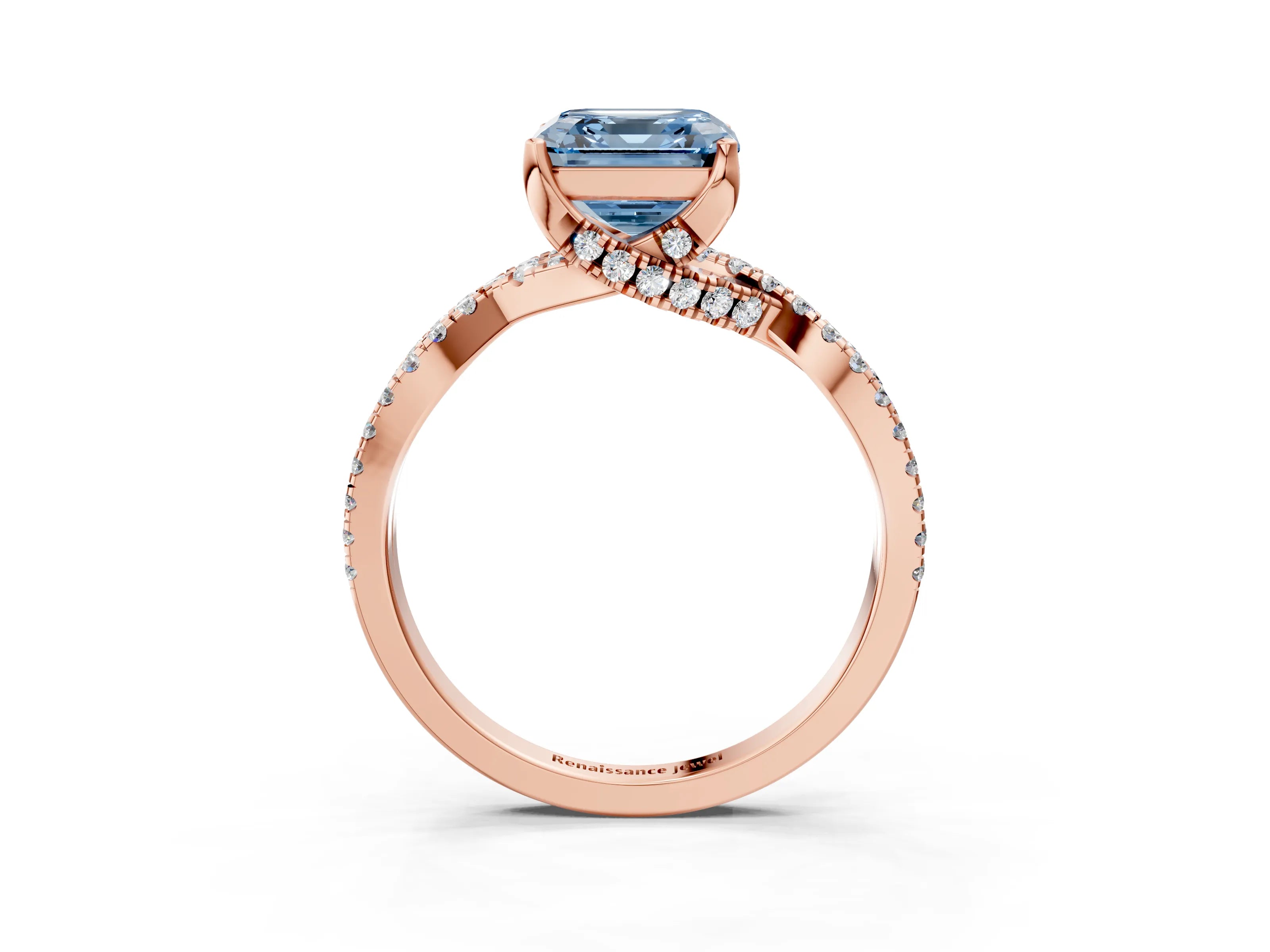 Rose gold Fancy Blue Asscher Cut Solitaire Twist Pave Diamond Engagement Ring with Prong Setting_3